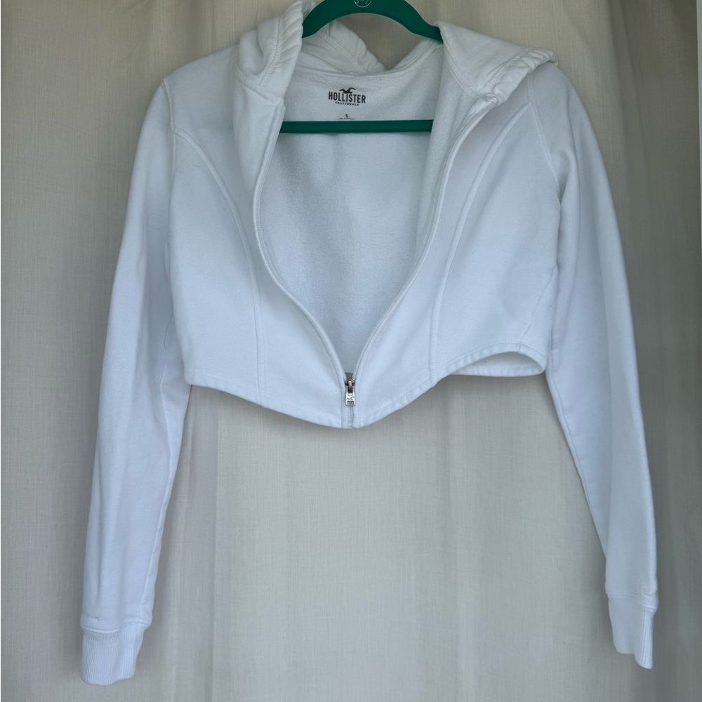 Hollister White Cropped Zip-Up Hoodie Size Small